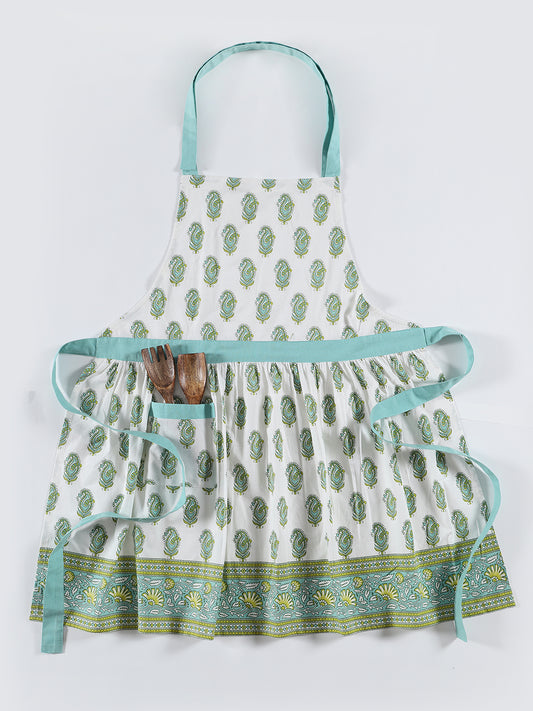 Green Cotton Paisley Printed Apron For Home Use