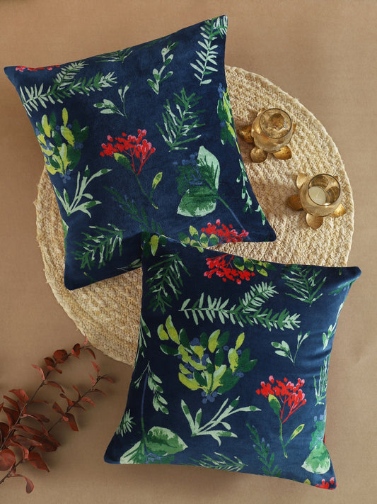 Navy Blue Velvet Floral Printed Cushion Cover Set Of 2