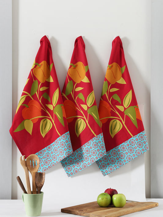 Red Cotton Vegie Printed Kitchen Towel Set Of 3