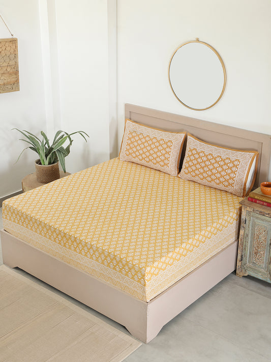Yellow Cotton Leaf Printed Bedsheets For Double Bed Queen Size