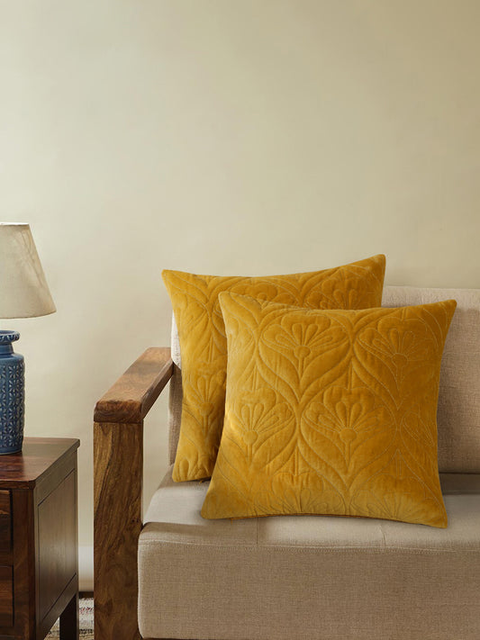 Yellow Velvet Embroidery Cushion Cover Set Of 2