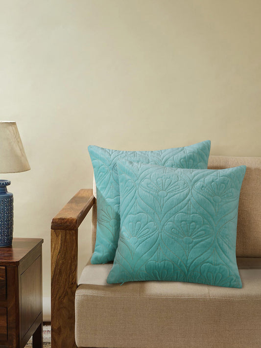 Sky Blue Velvet Embroidery Cushion Cover Set Of 2