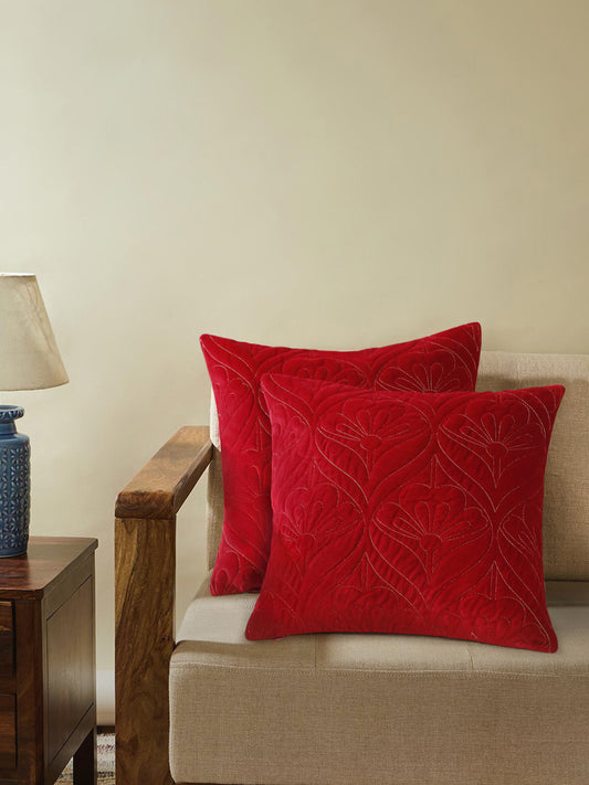 Red Velvet Embroidery Cushion Cover Set Of 2