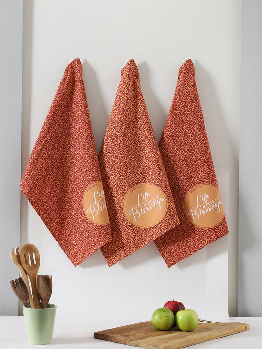 Brown Cotton Quote Printed Kitchen Towel Set Of 3