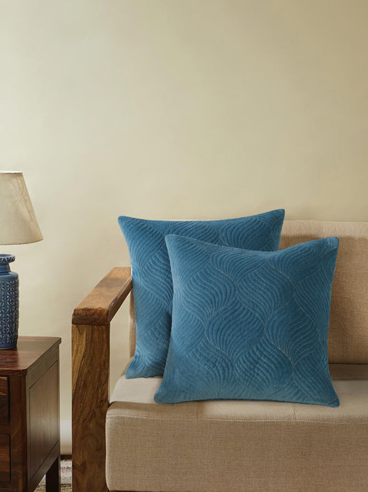Teal Velvet Embroidery Cushion Cover Set Of 2
