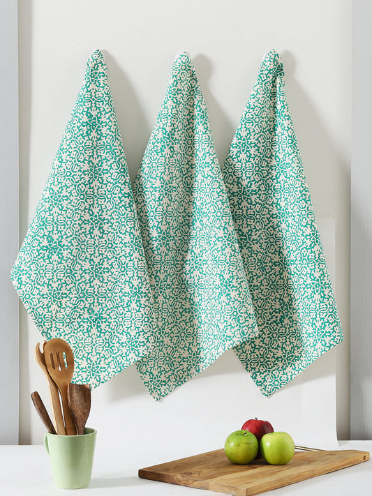 Light Blue Cotton Floral Jaal Printed Kitchen Towel Set Of 3