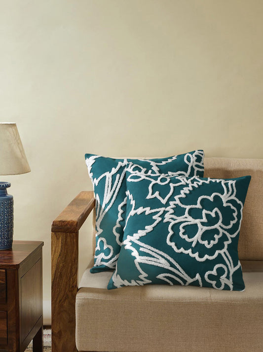 Teal Cotton Embroidery Cushion Cover Set Of 2