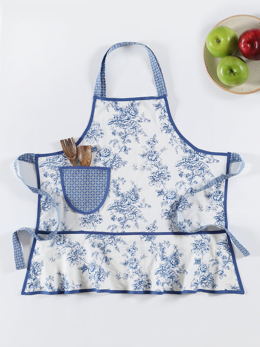 Blue Cotton Floral Printed Apron For Home Use
