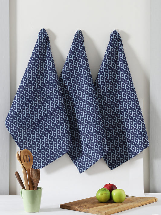 Blue Cotton Ozee Printed Kitchen Towel Set Of 3