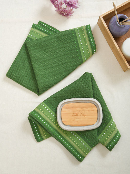 Green Cotton Waffel 23x15 Inch Hand Towel Set Of 2