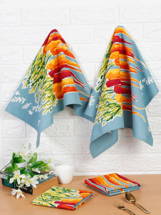 Blue Cotton Carrot Printed Kitchen Towel Set Of 4